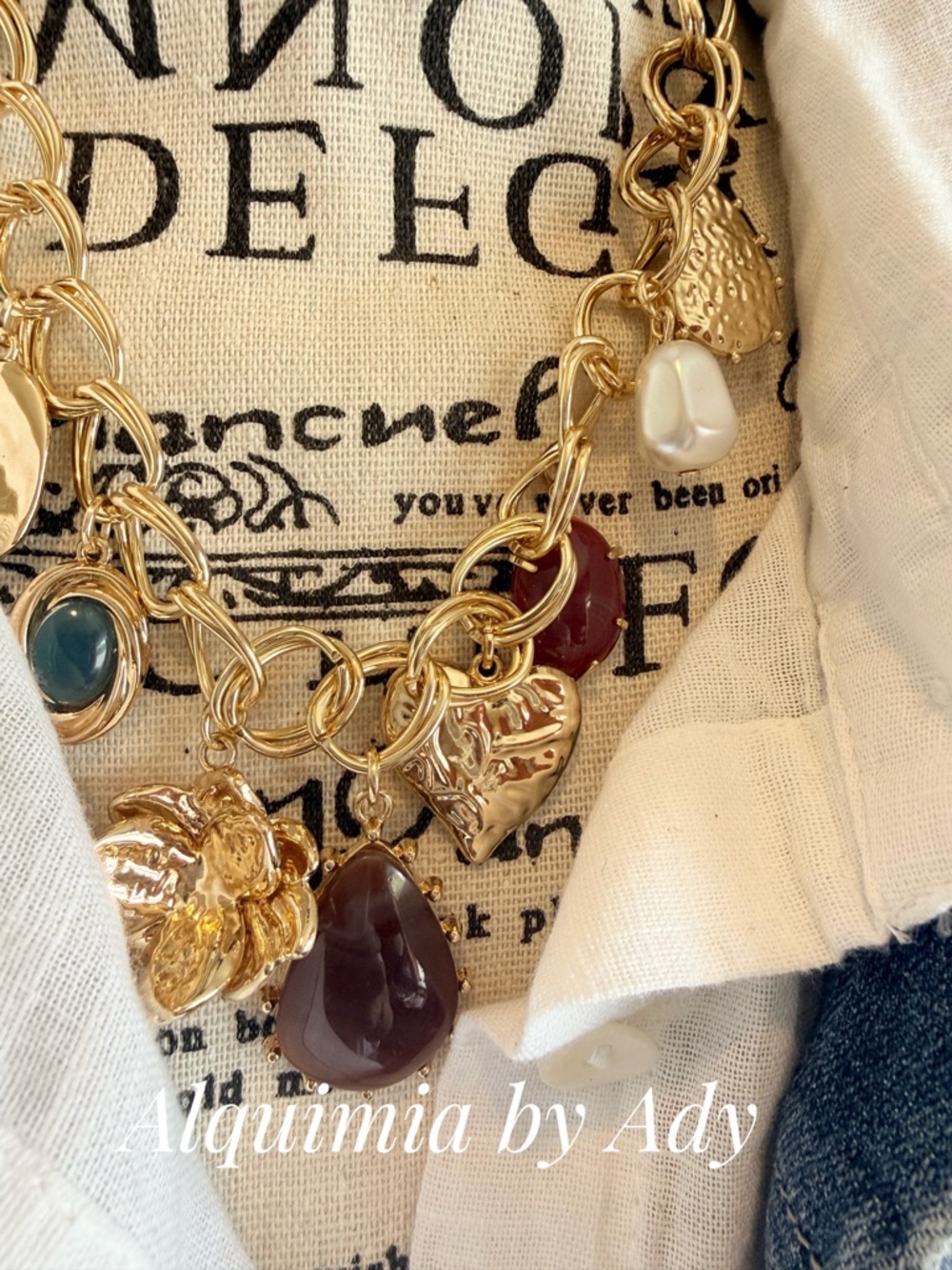 Alquimia Gold Charm Necklace with Green, Brown and Cream Accents - Picture 5 of 6